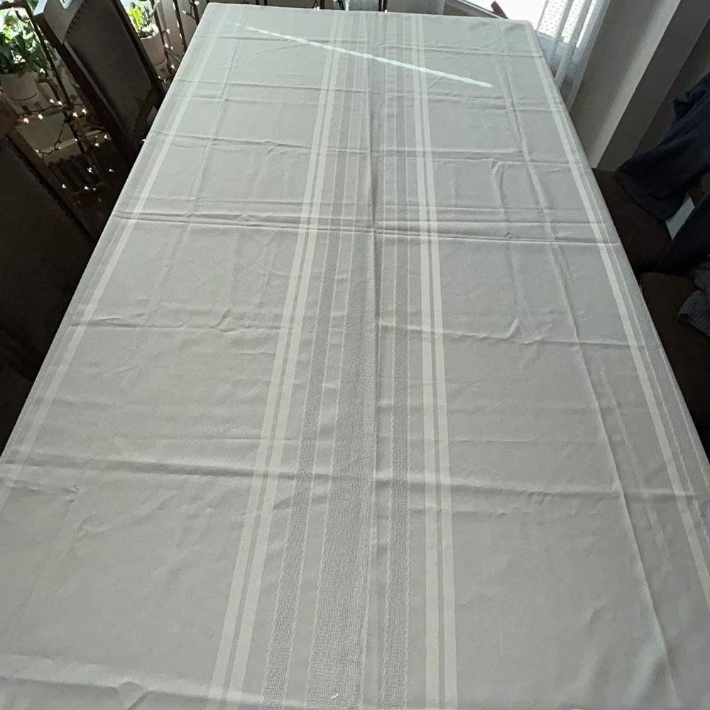 Vintage Cream Ivory Damask Stripe Tablecloth Mid-Century Rectangle 60x84 - Picture 2 of 15